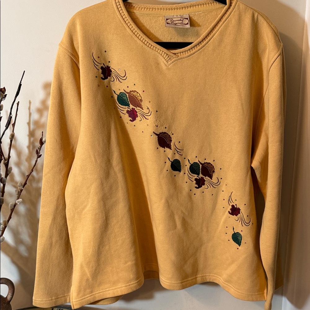 Women's Mustard V-Neck Sweatshirt with Leaf Embroidery